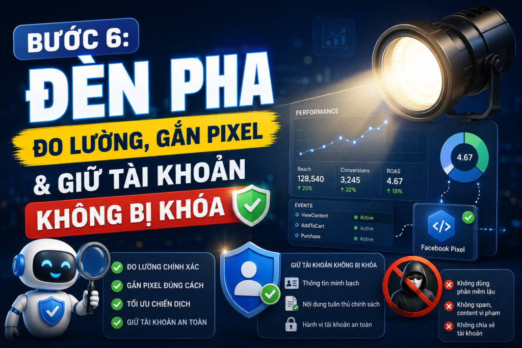Bước 6: Đèn pha — Đo lường, gắn Pixel & giữ tài khoản không bị khóa
